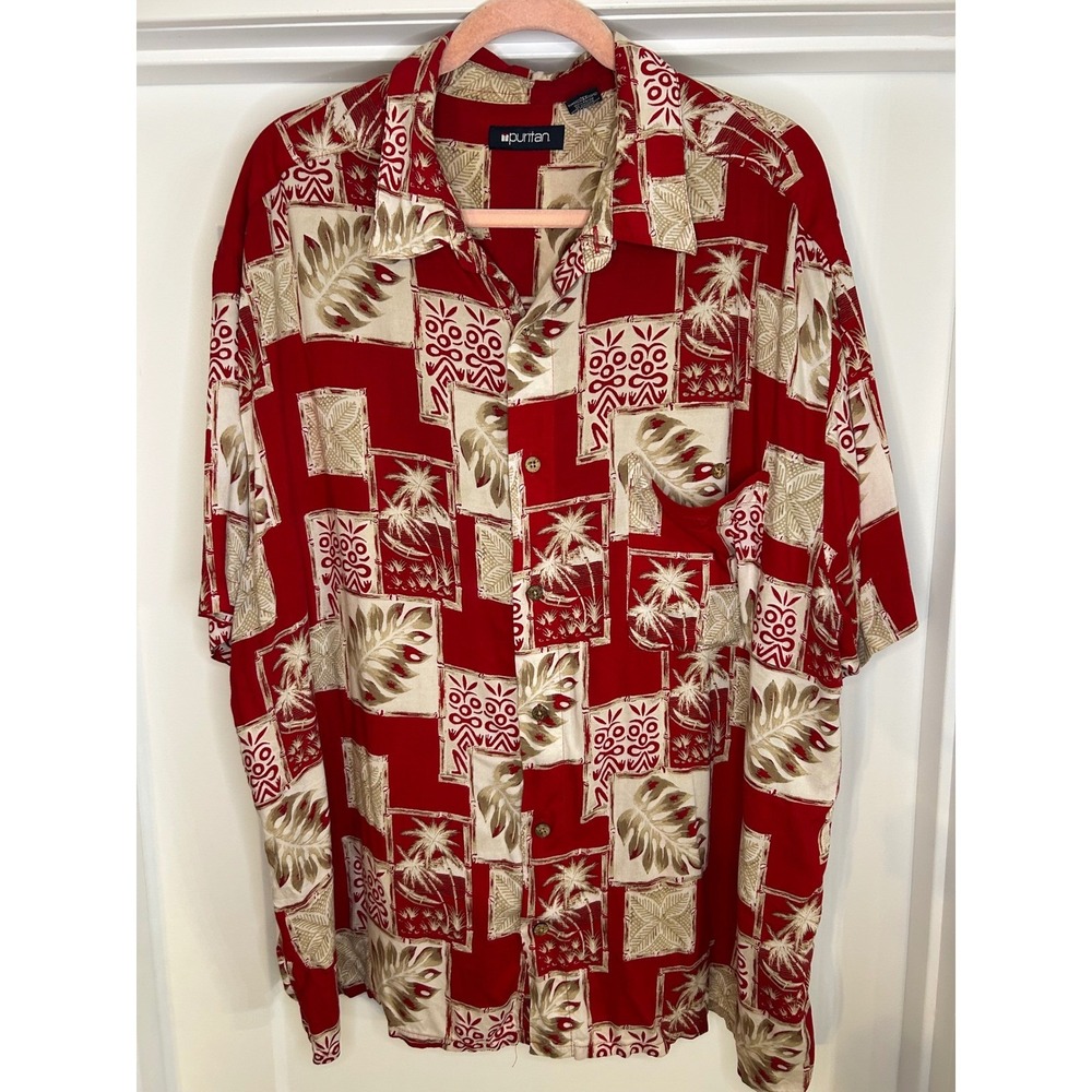 Puritan Mens Red Tropical Patchwork Hawaiian Shirt Short Sleeve Palm Leaf XXL